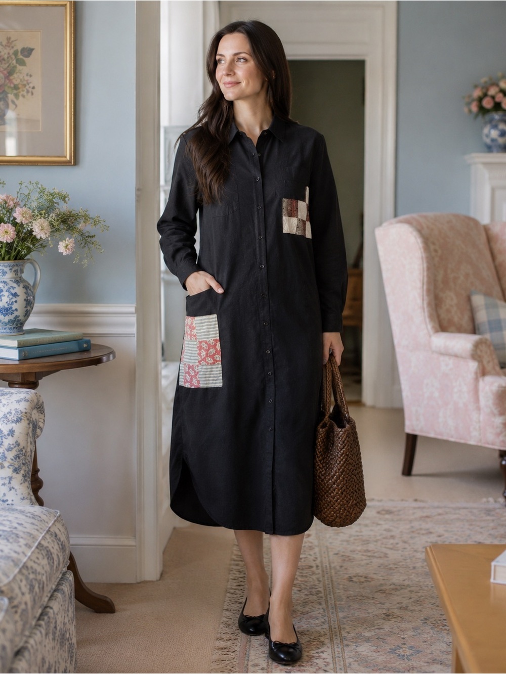 Carlene black Long-Sleeve Button-Front Shirt Dress w Patch Pocket 1of a kind